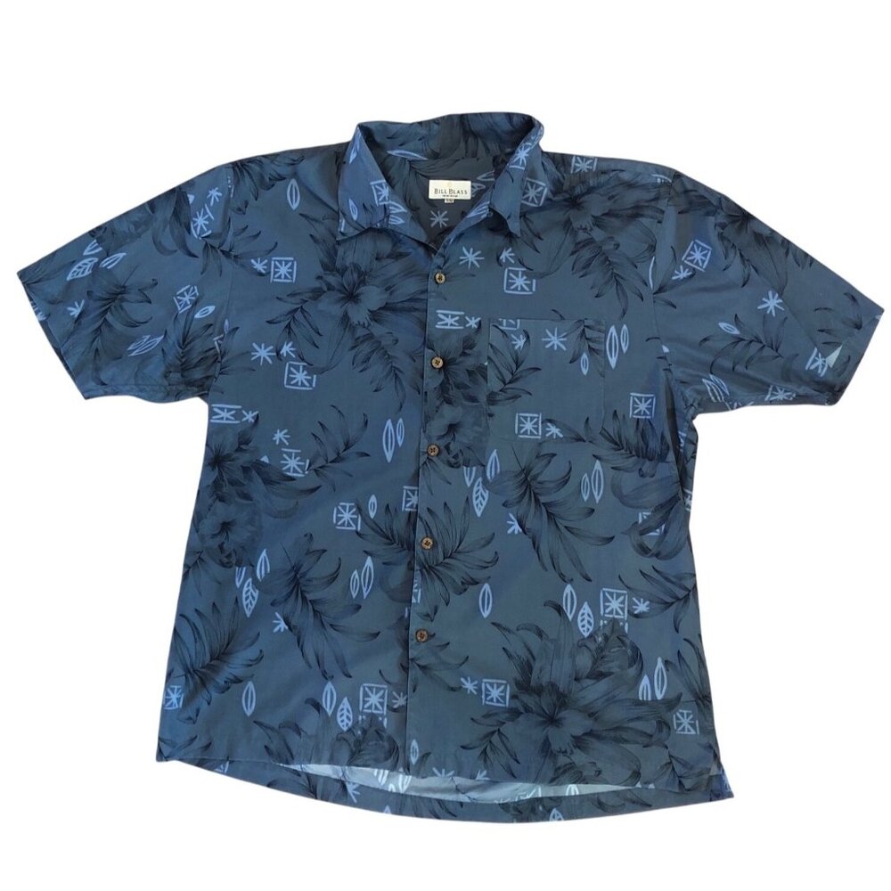 Bill Blass Mens XL Hawaiian Button-Up Shirt Blue Tropical Short Sleeve Polyester